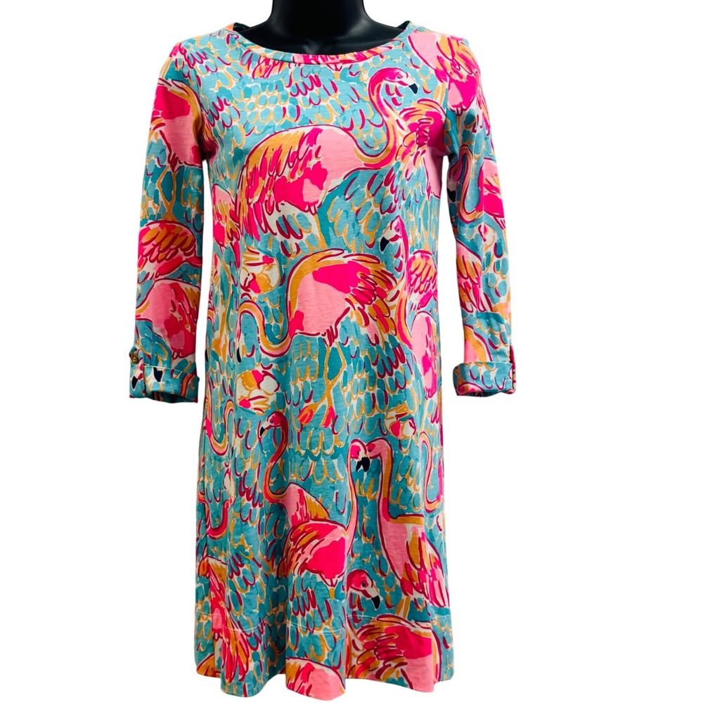 Lilly Pulitzer Pink Flamingo Pima Cotton 3/4 Sleeve Shift Dress Blue XXS